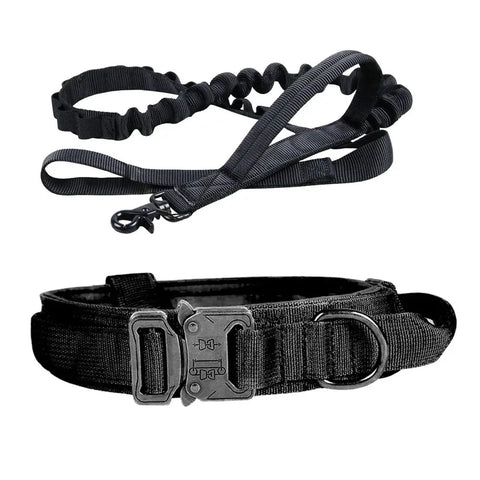PawVortex black dog collar and leash set on white background, featuring adjustable fit, secure clasp, and durable construction for daily walks with US dog owners.