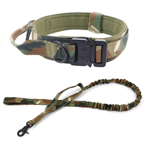 PawVortex camouflage dog collar and leash set on white background, featuring tactical outdoor design, adjustable fit, and durable materials for adventurous US dog owners.
