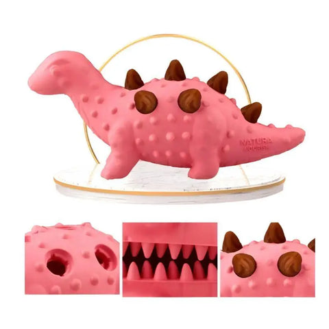 Pawvortex pink dinosaur-shaped chew toy with brown spikes on a white background, made from durable rubber for teething puppies and interactive dog play.