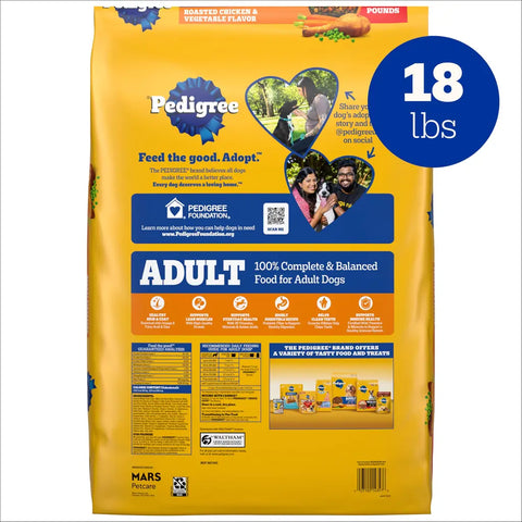 Back of an 18lb bag of Pedigree Adult dog food showing the Pedigree Foundation mission, nutritional benefits, and feeding guide.