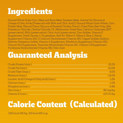 List of ingredients and guaranteed analysis chart for Pedigree Adult Roasted Chicken and Vegetable dry dog food.
