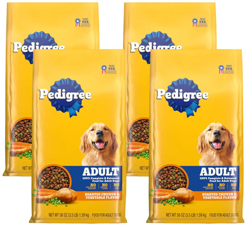 Four bags of Pedigree Adult Dry Dog Food, Roasted Chicken and Vegetable Flavor.