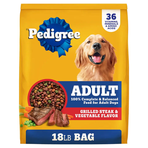 Front of an 18lb bag of Pedigree Adult Grilled Steak and Vegetable Flavor Dry Dog Food.
