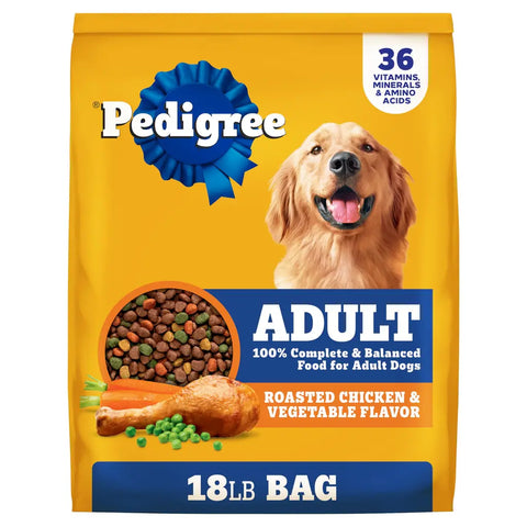 Front of an 18lb bag of Pedigree Adult Roasted Chicken and Vegetable Flavor Dry Dog Food.