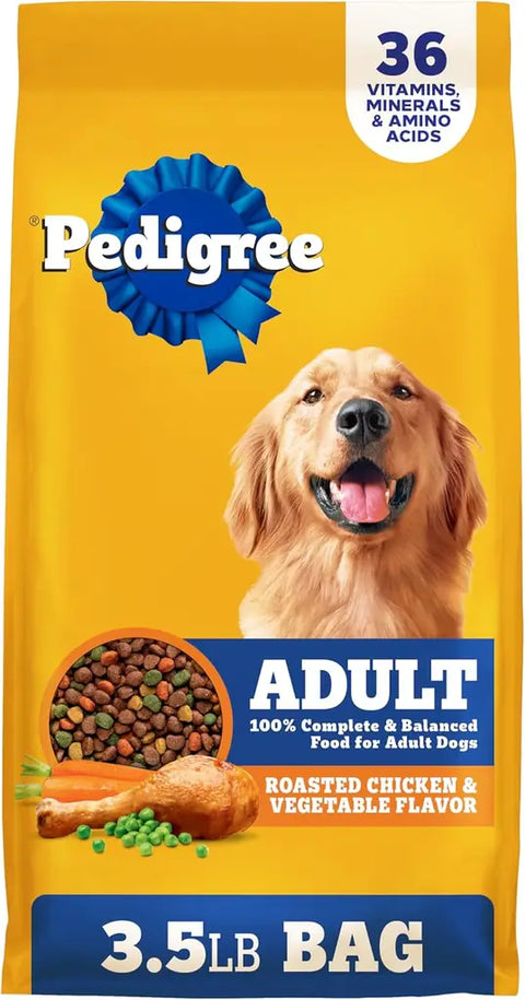 Front view of a 3.5lb bag of Pedigree Adult Dry Dog Food, Roasted Chicken and Vegetable Flavor.