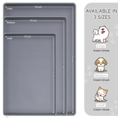 Size chart and dimensions for small, medium, and large MateeyLife pet feeding mats.