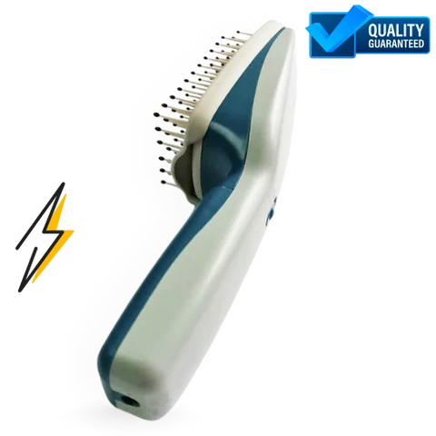 Pet grooming brush with blue and gray design on white background, quality guaranteed label
