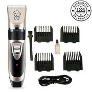 Pet grooming clipper set with attachments and guarantee badge on white background