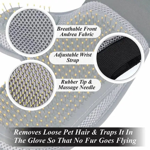 Pet grooming glove with breathable front, adjustable strap, and massage needles
