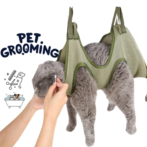Pet grooming hammock with a gray cat inside, held by a hand, on a white background