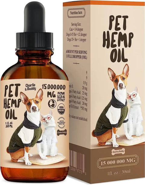 Pet hemp oil product with a dog on an orange background.