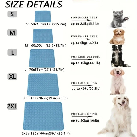 Size chart for pet mats with dimensions and weight capacities