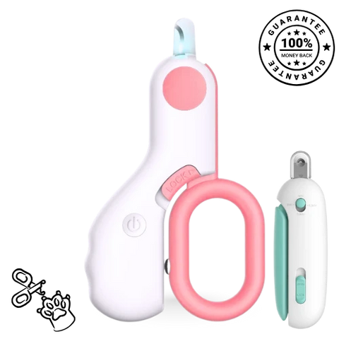 Pet nail trimmer set with pink and white design on a white background, guarantee badge