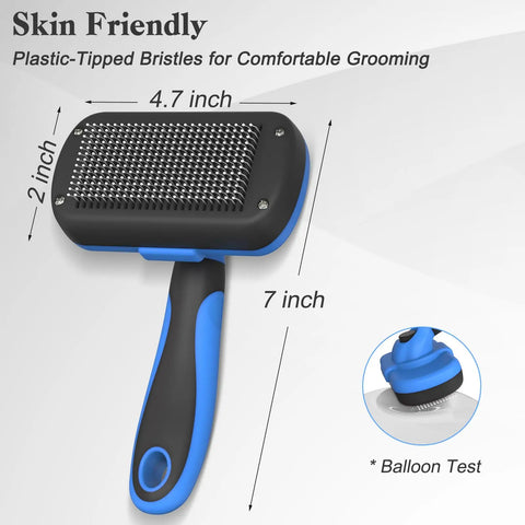 Diagram showing the 7-inch length and 4.7-inch width of the brush, with a balloon test highlighting skin-friendly plastic tips.