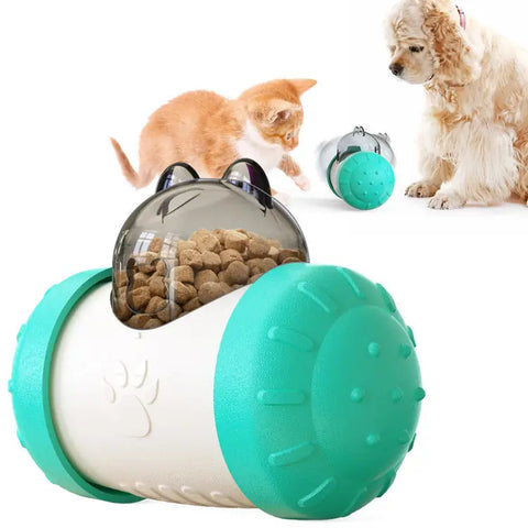 Pet toy with food compartment and cat and dog interacting.