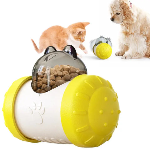 Pet toy with transparent lid revealing kibble, with cat and dog.