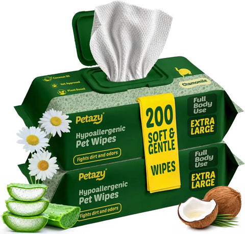Petazy chamomile scented hypoallergenic dog wipes pack of 200 with natural coconut oil and aloe vera extracts.