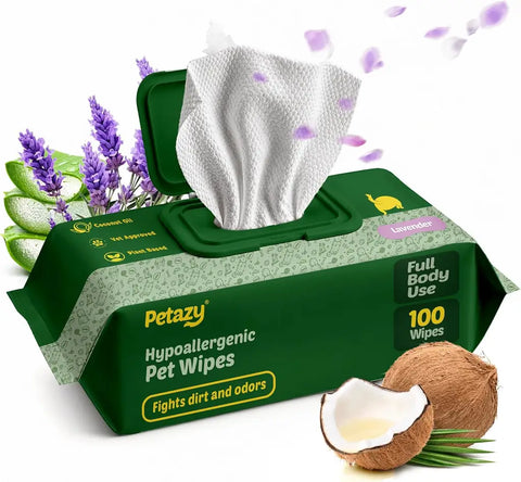 Petazy Lavender scented hypoallergenic pet wipes 100-count single pack for full body grooming, formulated with coconut oil and aloe vera to fight dirt and odors.