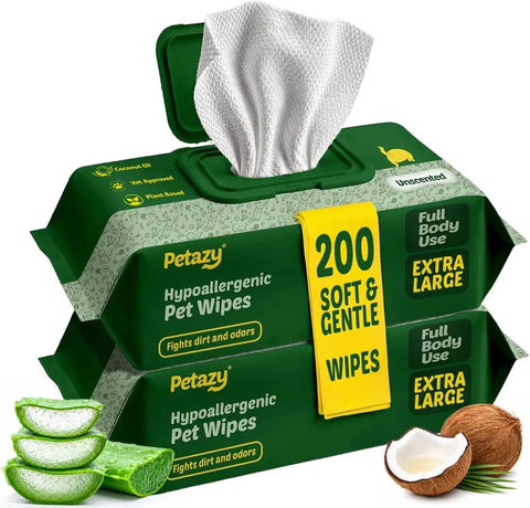 Two packs of Petazy unscented hypoallergenic pet wipes with coconut oil and aloe vera, 200 soft and gentle full body wipes.