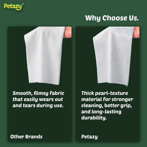 Comparison between regular flimsy pet wipes and Petazy thick pearl-texture dog cleaning wipes showing durability and grip.