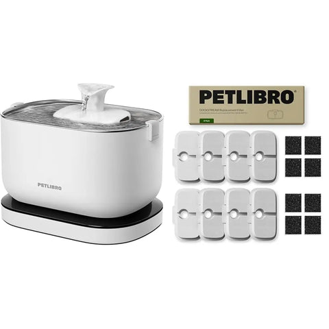 Grid view of 8 PETLIBRO Dockstream replacement water filters and 8 black pre-filter sponges.