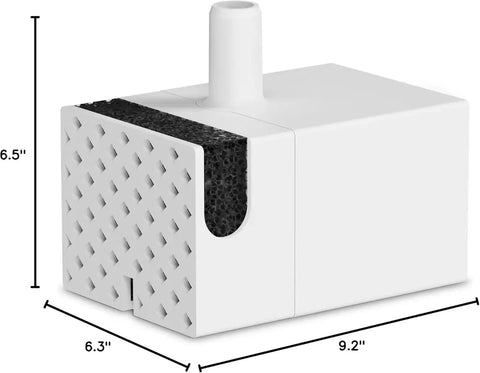 Technical diagram showing the 6.5 by 6.3 by 9.2 inch dimensions of the PETLIBRO water pump.