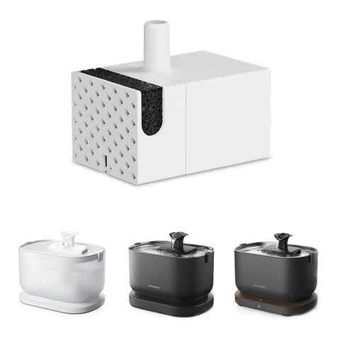 Internal water pump assembly shown above white and black PETLIBRO fountain model variations.