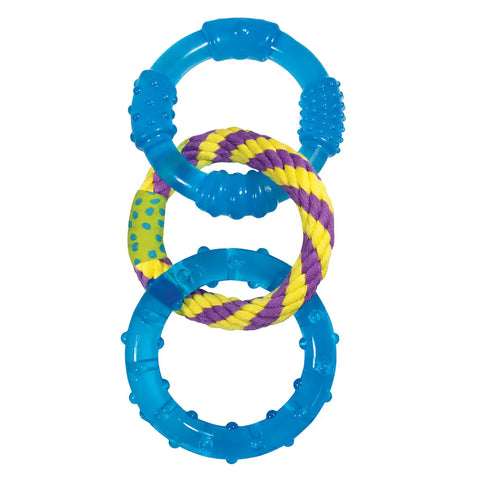 High-resolution studio shot of the Orka Dental Links dog toy featuring blue TPE rubber and purple-yellow rope.