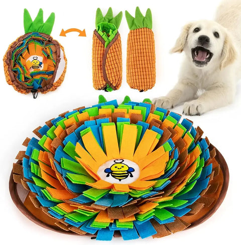 Pineapple-themed green and orange dog snuffle pad with cute bee design and Golden Retriever puppy.