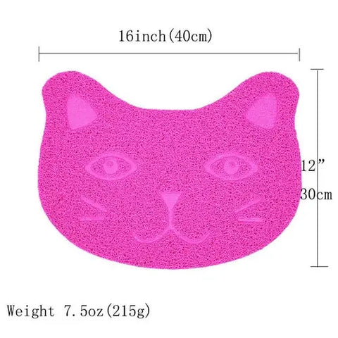 Pink cat-shaped pet mat with size dimensions and weight capacity.