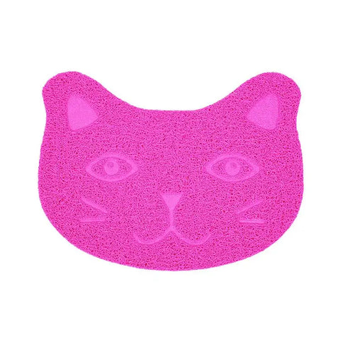Pink cat-shaped pet mat with textured surface and non-slip base.