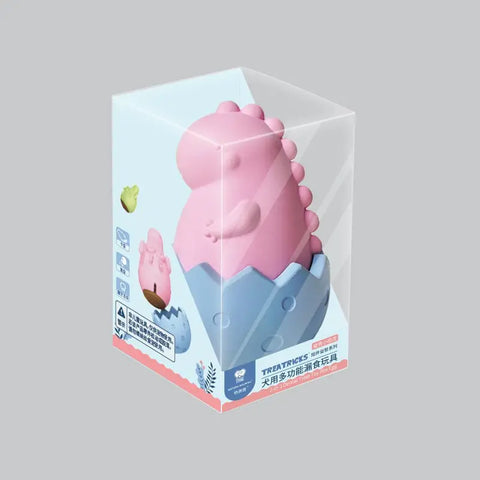 Pink dinosaur-shaped dog toy on a clean background, durable non-toxic rubber