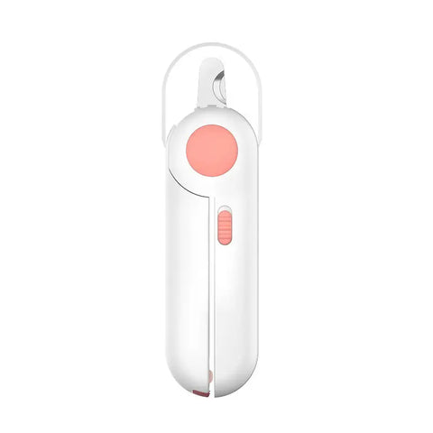 Pink LED grooming scissors with circular handle and safety lock on white background