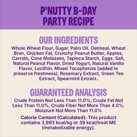 Nutrition label for p'nutty b-day party dog treats showing ingredients like peanut butter, apples, and carrots.
