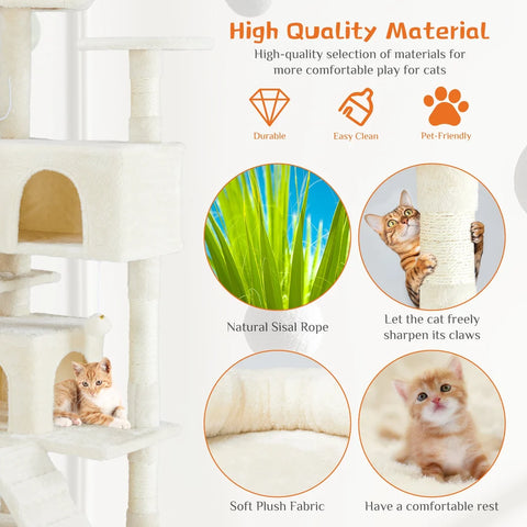 High-quality material specifications diagram for the Beige variant highlighting natural sisal rope scratching posts and pet-friendly soft plush fabric.