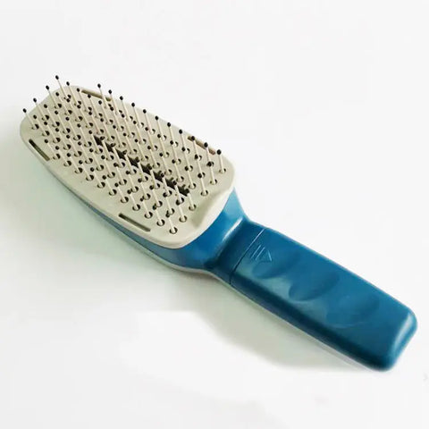 Premium pet grooming brush with blue handle and beige bristle head for gentle de-shedding