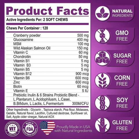 Product facts label for dietary supplements with purple background and white text.