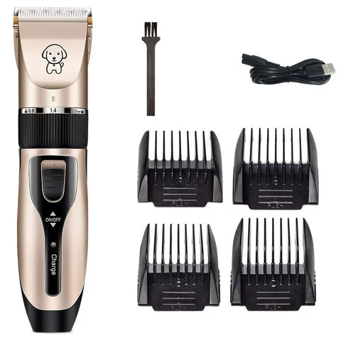 Professional-grade dog grooming clipper pack featuring adjustable taper dial and attachment combs.