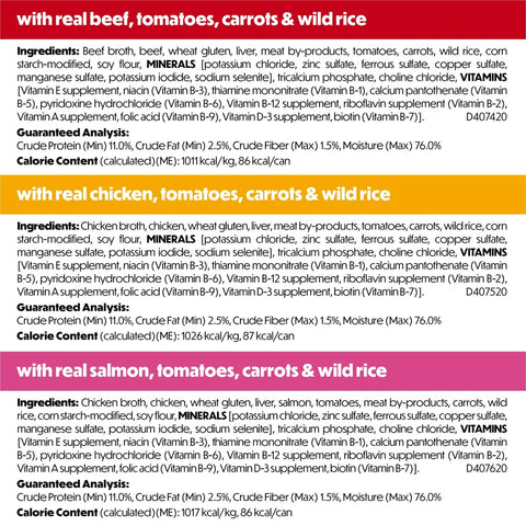 Nutritional information and ingredients list for Purina Beneful IncrediBites beef, chicken, and salmon recipes.