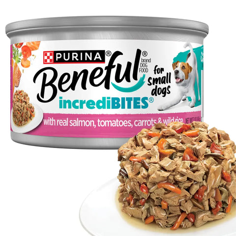 Single 3 oz can of Purina Beneful IncrediBites Salmon wet dog food with high-protein chunks.