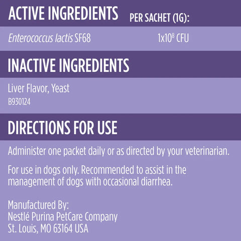 Active and inactive ingredients panel for Purina FortiFlora dog supplement, showing Enterococcus faecium SF68 active culture strain and daily usage directions.