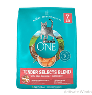 Purina One Tender Selects Blend cat food package on white background.
