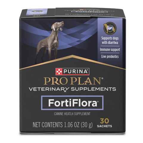 Purina Pro Plan FortiFlora Canine Veterinary Supplement box for dog gut health and diarrhea management, 30 sachets.