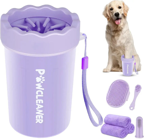 Purple silicone dog paw cleaner cup set shown with a Golden Retriever and grooming accessories.