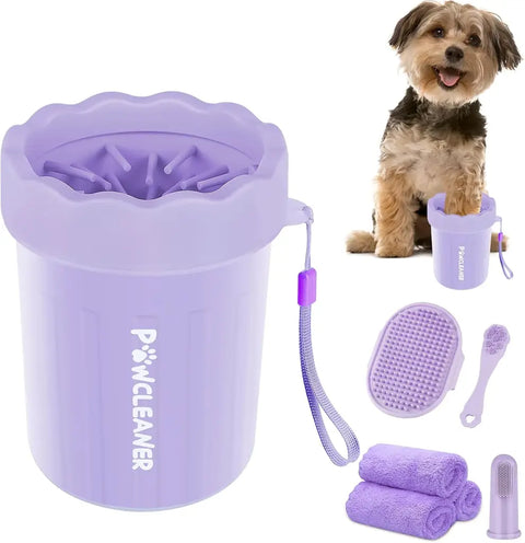 Purple portable dog paw cleaner cup set shown alongside a small dog and grooming accessories.