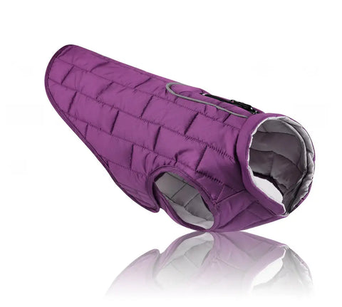Purple quilted dog coat on a white background.