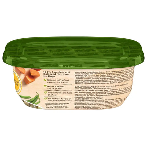 Back panel of Rachael Ray Nutrish Chicken Paw Pie tub displaying ingredients list and calorie content.