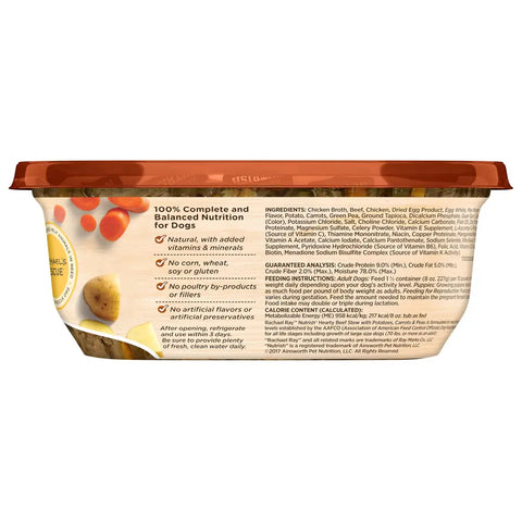 Nutrition label, ingredients list, and guaranteed analysis on the back of Rachael Ray Nutrish Hearty Beef Stew tub.