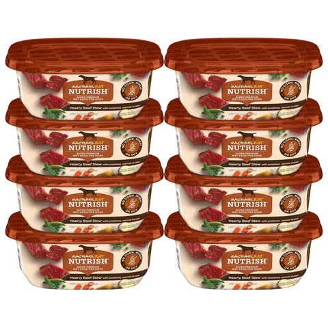 Stacked eight pack of Rachael Ray Nutrish Hearty Beef Stew premium wet dog food for adult dogs.