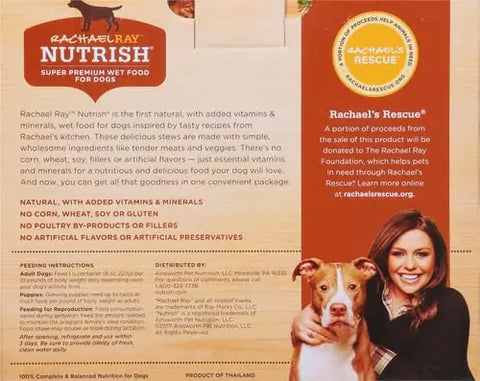 Back panel of Rachael Ray Nutrish wet dog food box showing feeding instructions, charity information, and nutritional highlights.